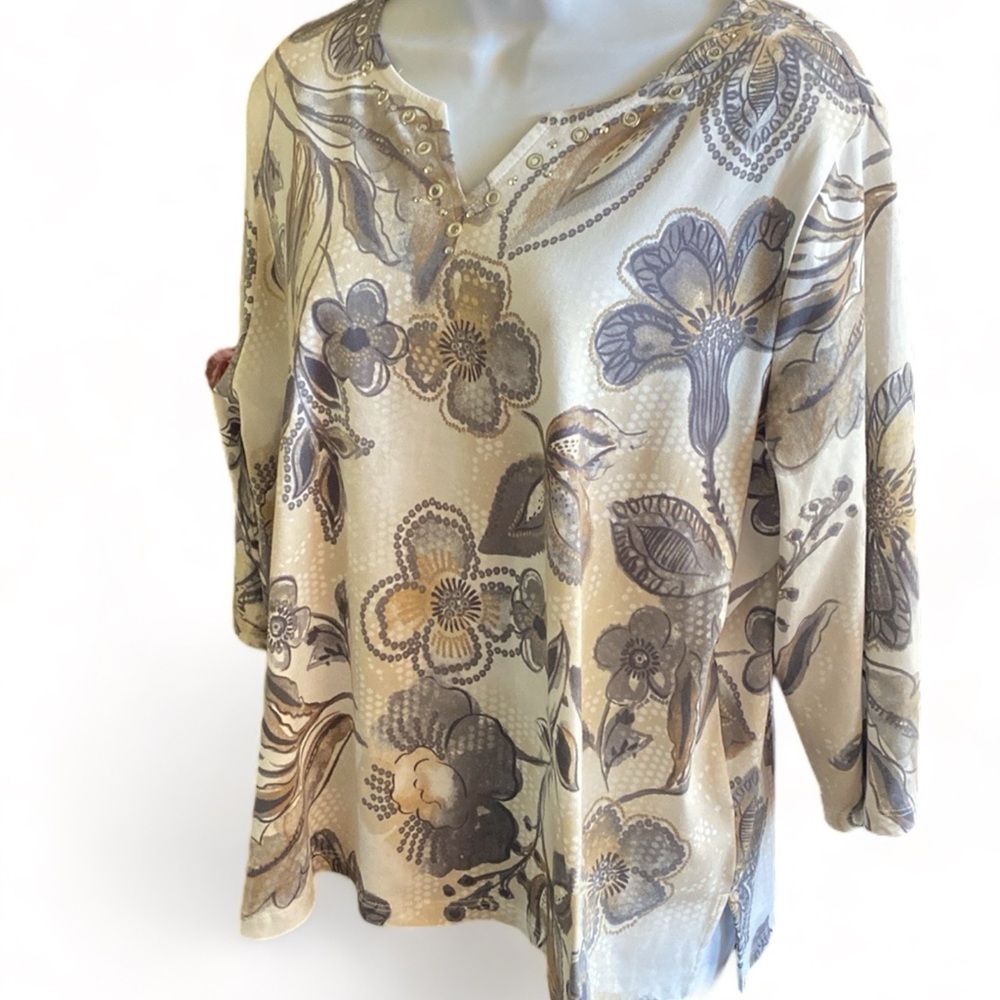 Alfred Dunner Sz Large White Gray Floral 3/4 Sleeve Blouse Shirt Top Tropical